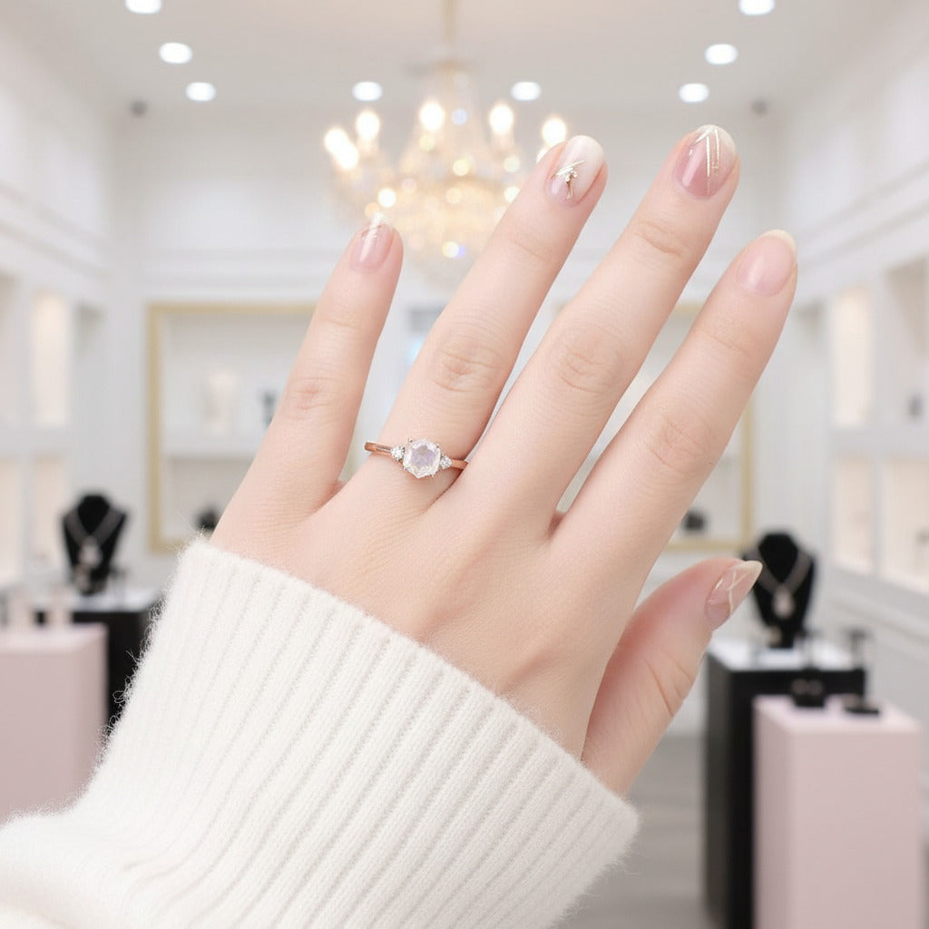 Hexagon Moonstone Engagement Ring-Black Diamonds New York