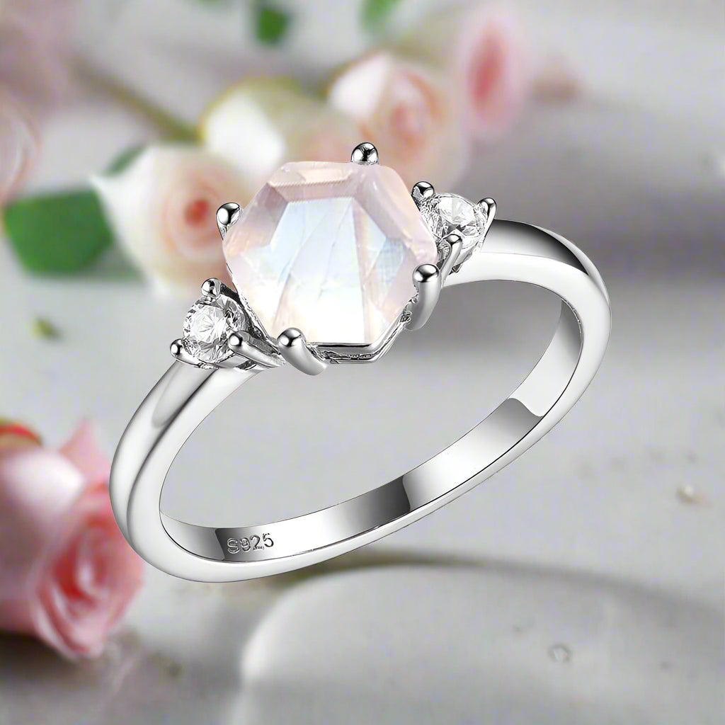 Natural Hexagon Moonstone Engagement Ring-Black Diamonds New York