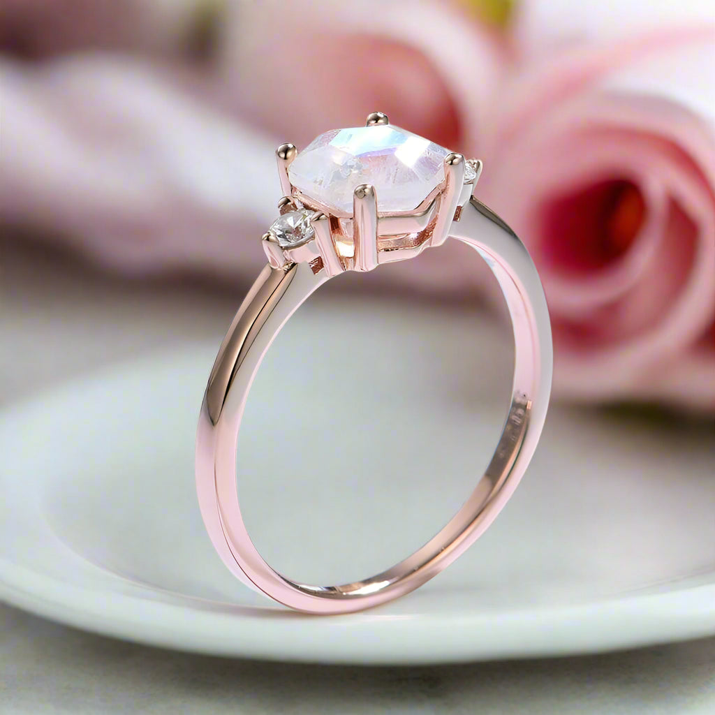 Natural Hexagon Moonstone Engagement Ring-Black Diamonds New York