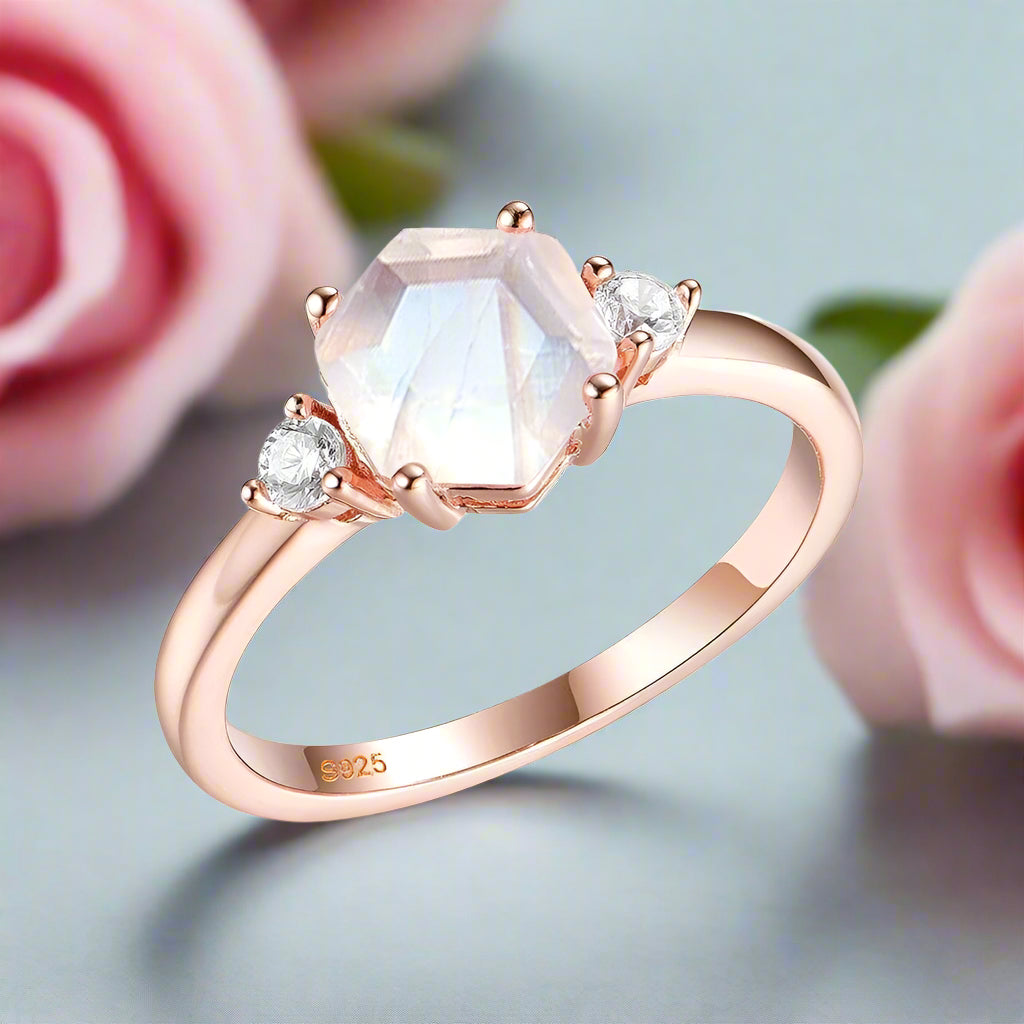 Natural Hexagon Moonstone Engagement Ring-Black Diamonds New York