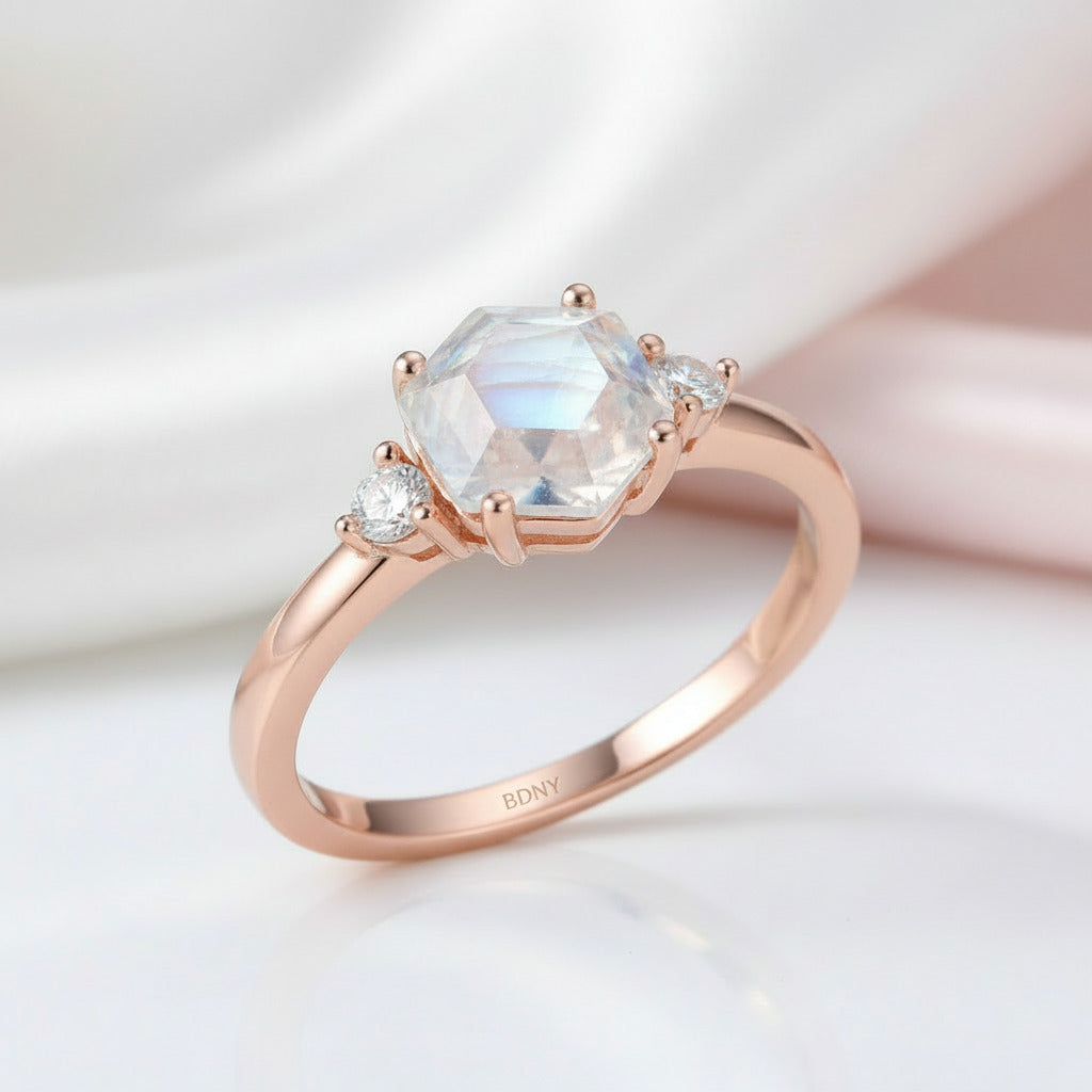 Hexagon Moonstone Engagement Ring-Black Diamonds New York