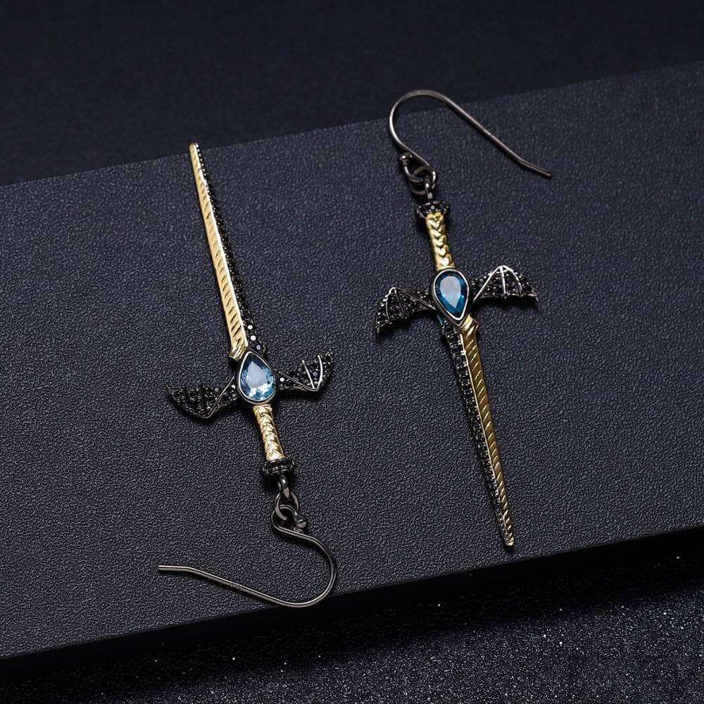 Natural London Blue Topaz Bat's Wings Sword Earrings-Black Diamonds New York