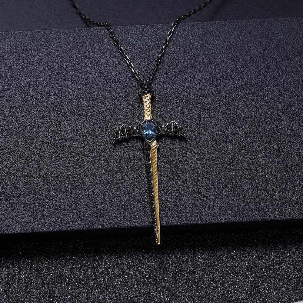 Natural London Blue Topaz Bat's Wings Sword Necklace-Black Diamonds New York