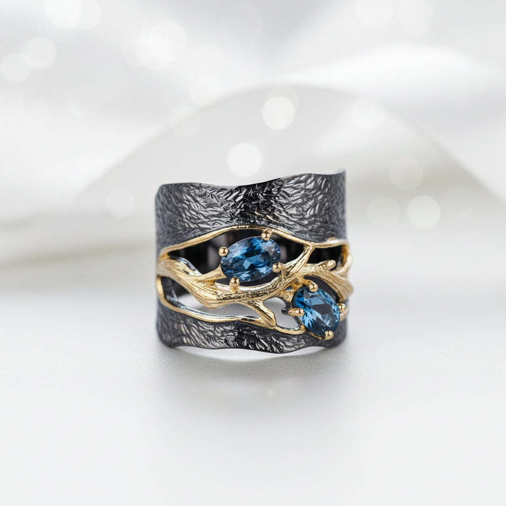 London Blue Topaz Gemstone Ring-Black Diamonds New York