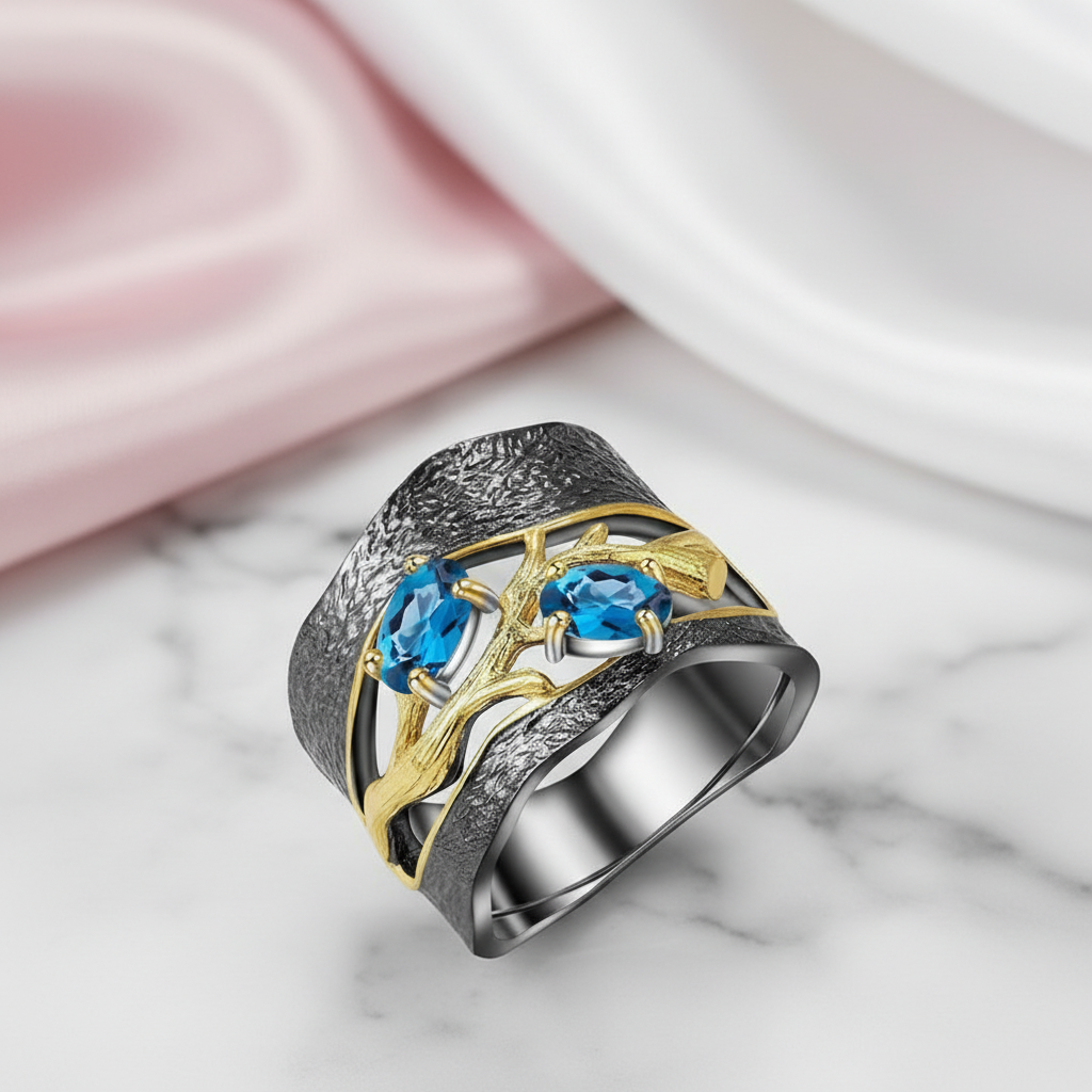 London Blue Topaz Gemstone Ring-Black Diamonds New York