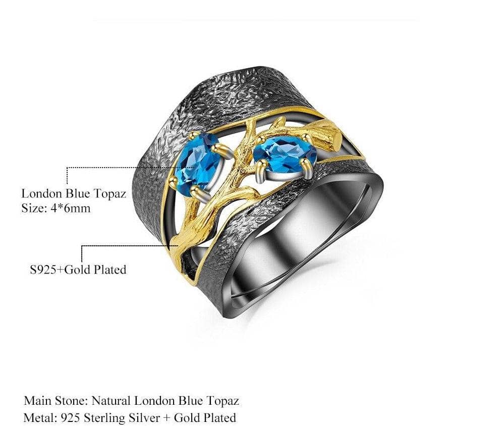 Natural London Blue Topaz Gemstones Ring-Black Diamonds New York