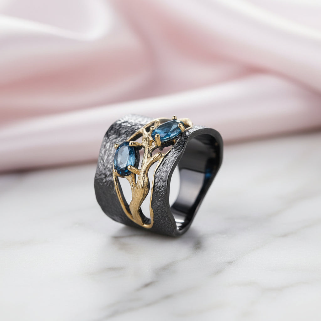 London Blue Topaz Gemstone Ring-Black Diamonds New York