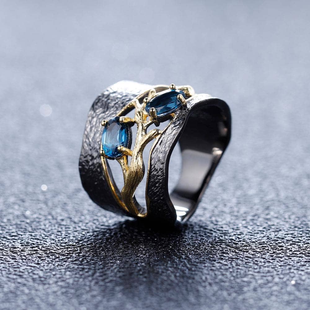 Natural London Blue Topaz Gemstones Ring-Black Diamonds New York