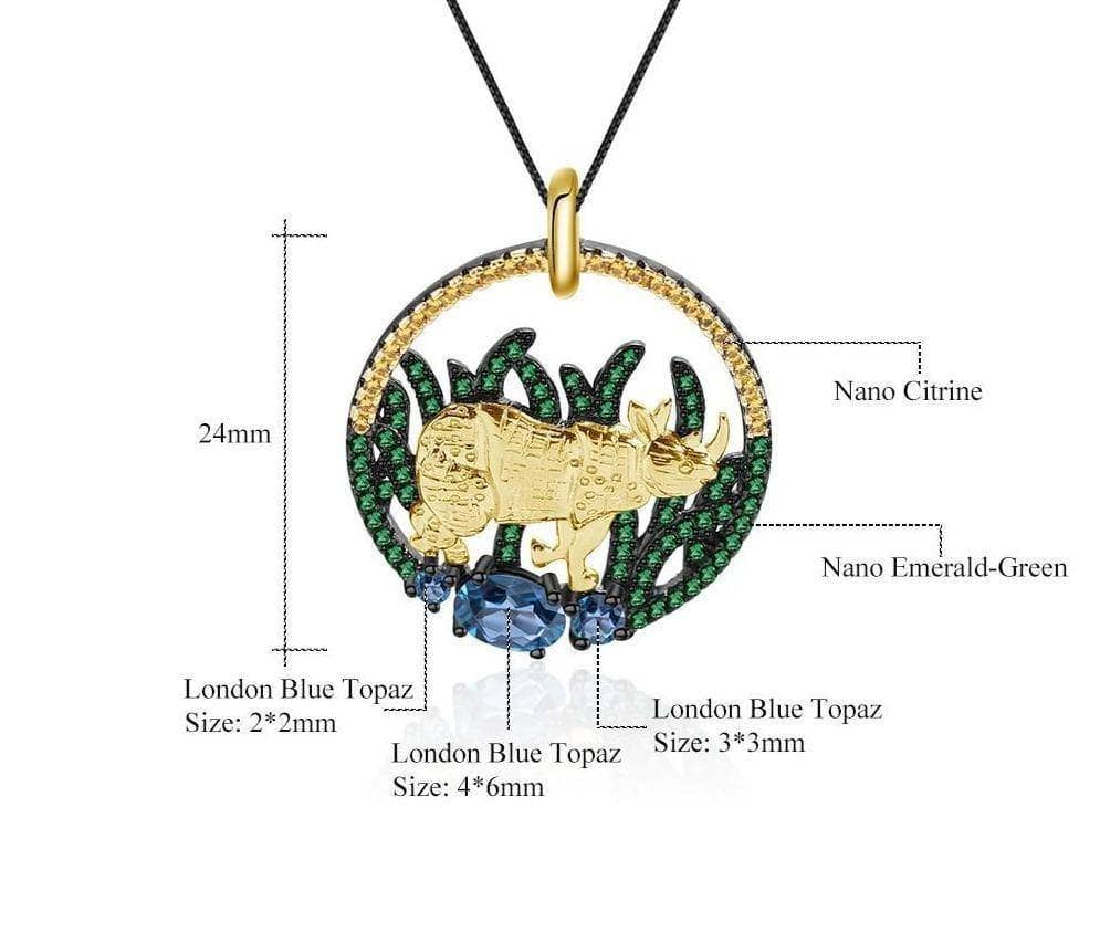 Natural London Blue Topaz Golden Rhinoceros Pendant Necklace-Black Diamonds New York