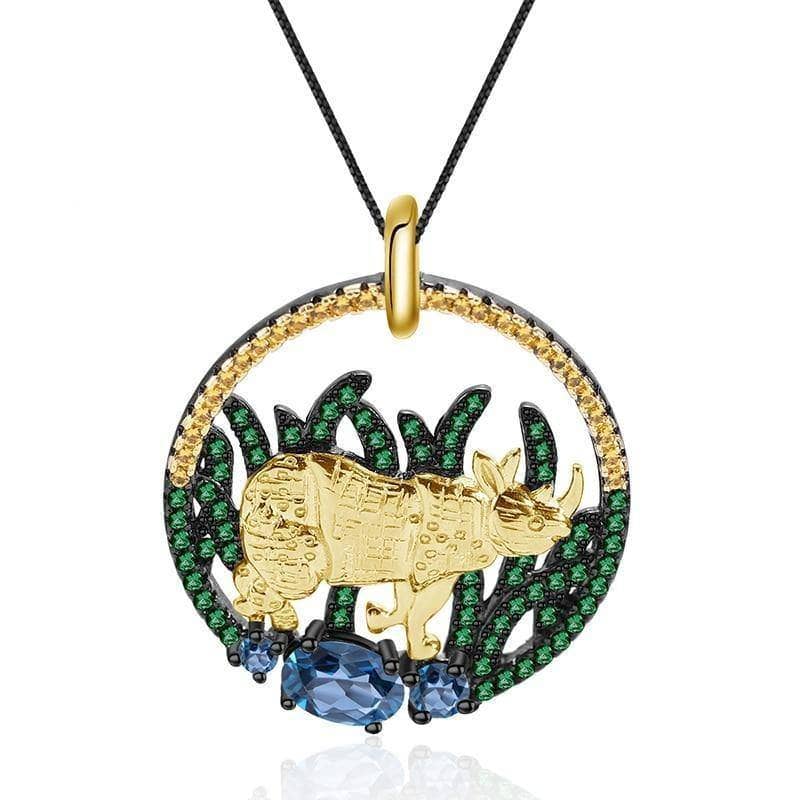 Natural London Blue Topaz Golden Rhinoceros Pendant Necklace - Black Diamonds New York