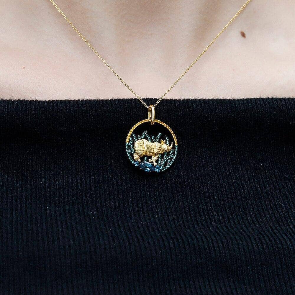Natural London Blue Topaz Golden Rhinoceros Pendant Necklace-Black Diamonds New York