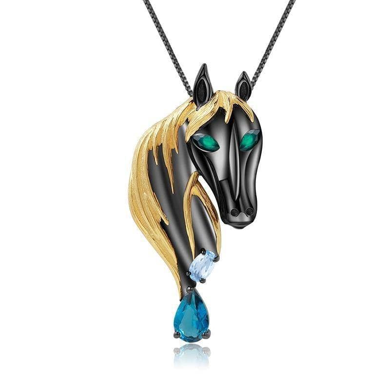 Natural London Blue Topaz Handmade Horse Pendant-Black Diamonds New York