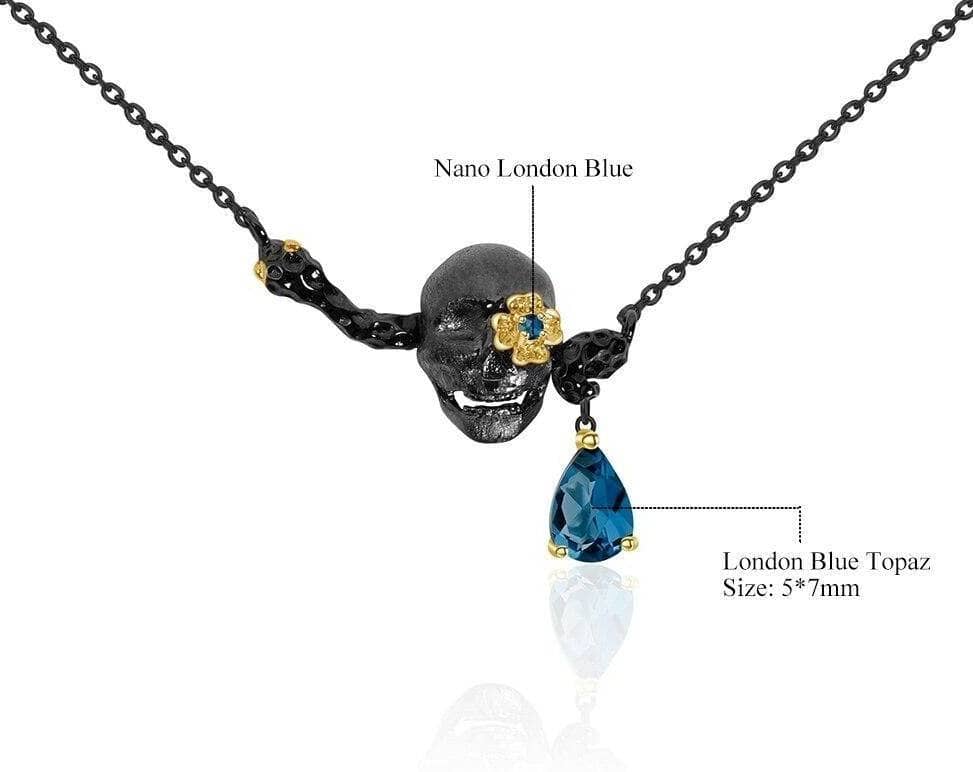 Natural London Blue Topaz Skull Pendant Necklace-Black Diamonds New York