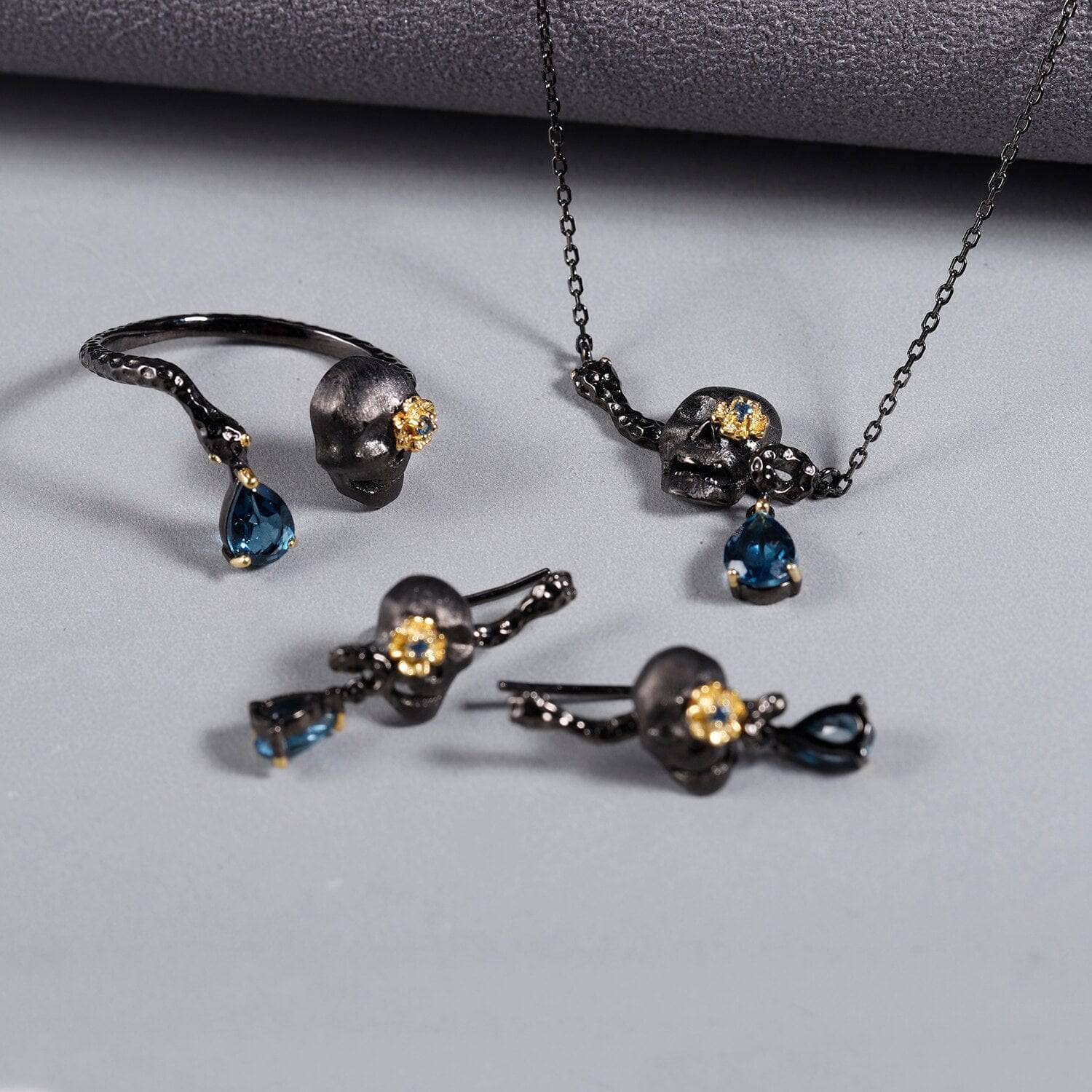 Natural London Blue Topaz Skull Pendant Necklace-Black Diamonds New York