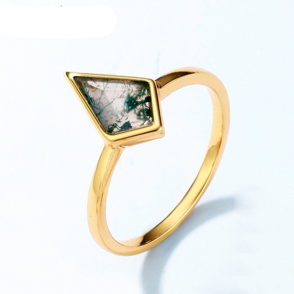 Natural Moss Agate Irregular Kit-cut Yellow Gold Wedding Ring-Black Diamonds New York