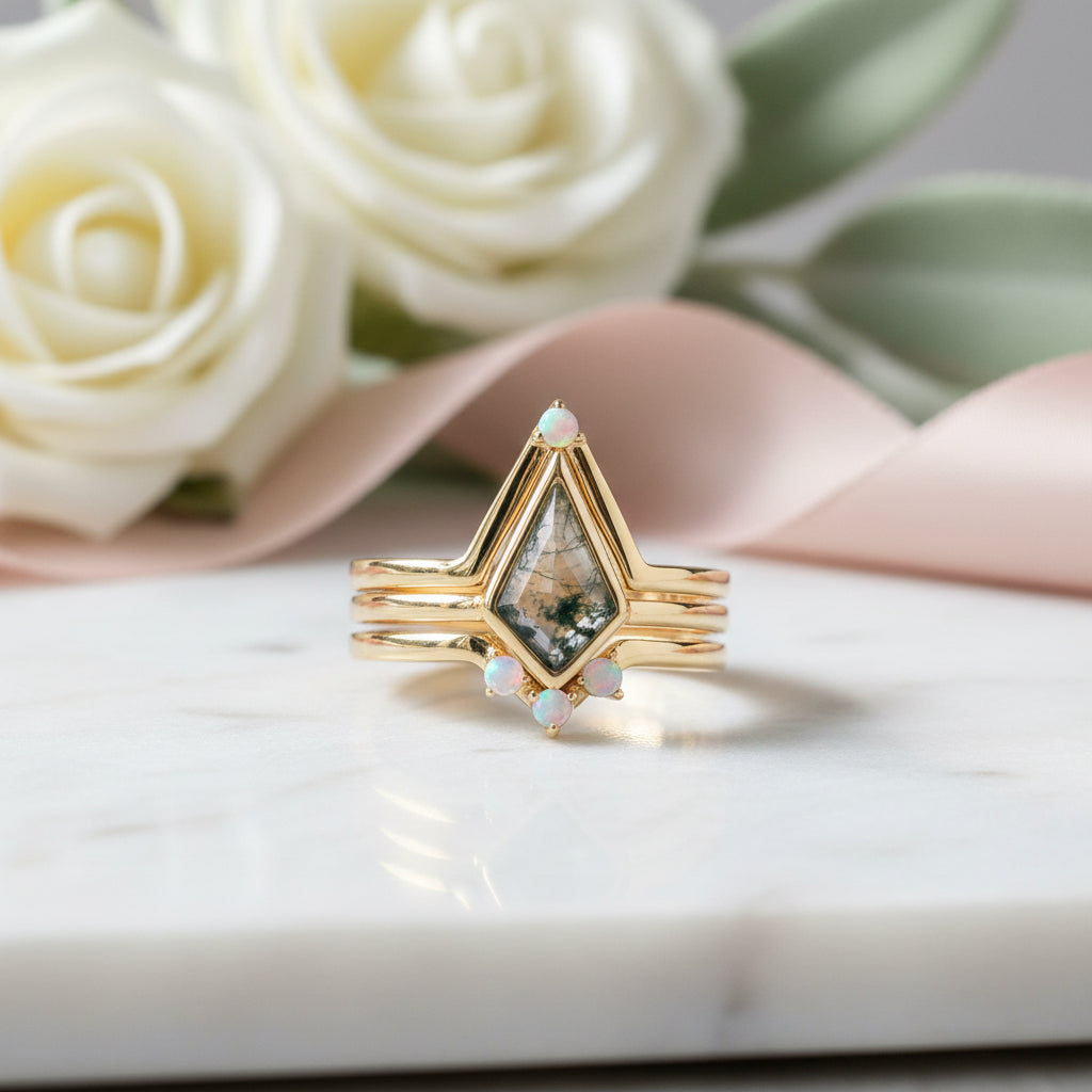 Natural Moss Agate Irregular Kit-cut Yellow Gold Wedding Ring-Black Diamonds New York