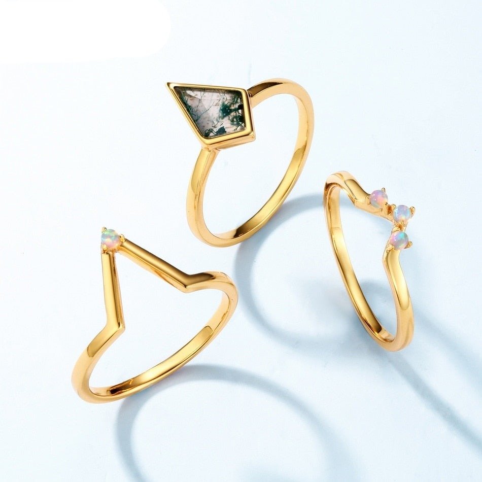 Natural Moss Agate Irregular Kit-cut Yellow Gold Wedding Ring-Black Diamonds New York
