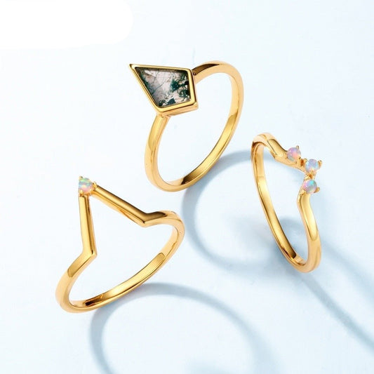 Natural Moss Agate Irregular Kit-cut Yellow Gold Wedding Ring - Black Diamonds New York