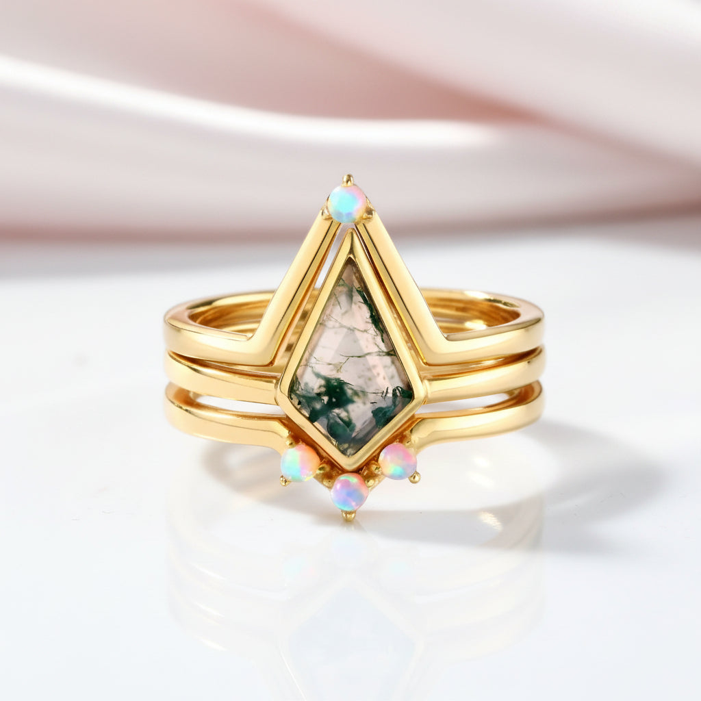 Natural Moss Agate Irregular Kit-cut Yellow Gold Wedding Ring-Black Diamonds New York