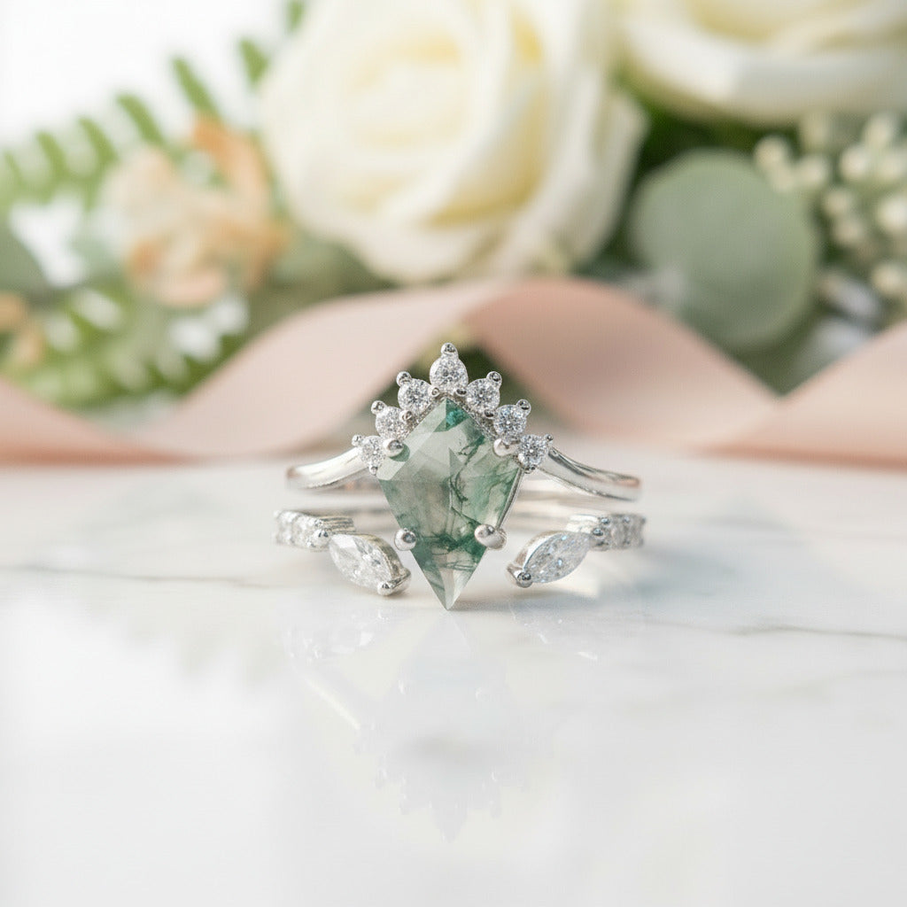Natural Moss Agate Rhombus Shape Engagement Ring-Black Diamonds New York