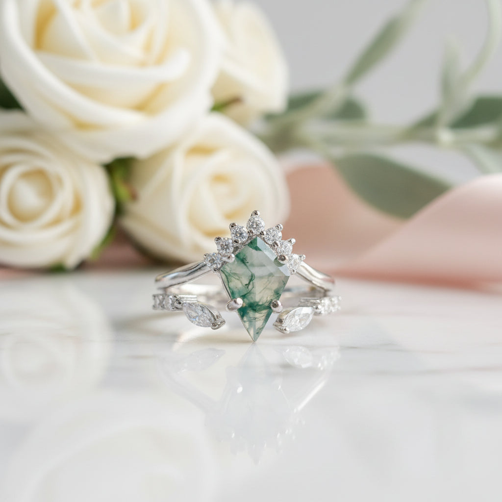Moss Agate Rhombus Shape Engagement Ring-Black Diamonds New York