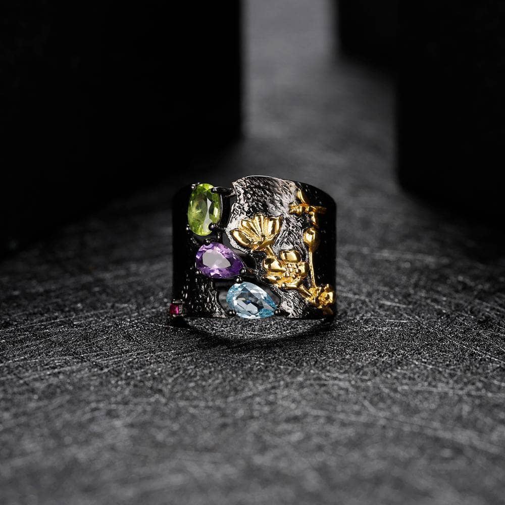 Natural Multicolor Gemstones Handmade Humming Bee Flower Ring-Black Diamonds New York