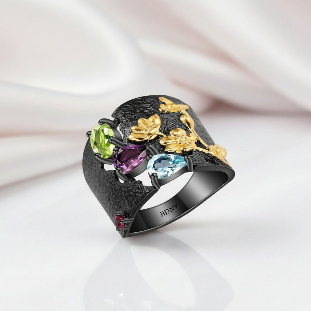 Multicolor Gemstones Handmade Humming Bee Flower Ring-Black Diamonds New York