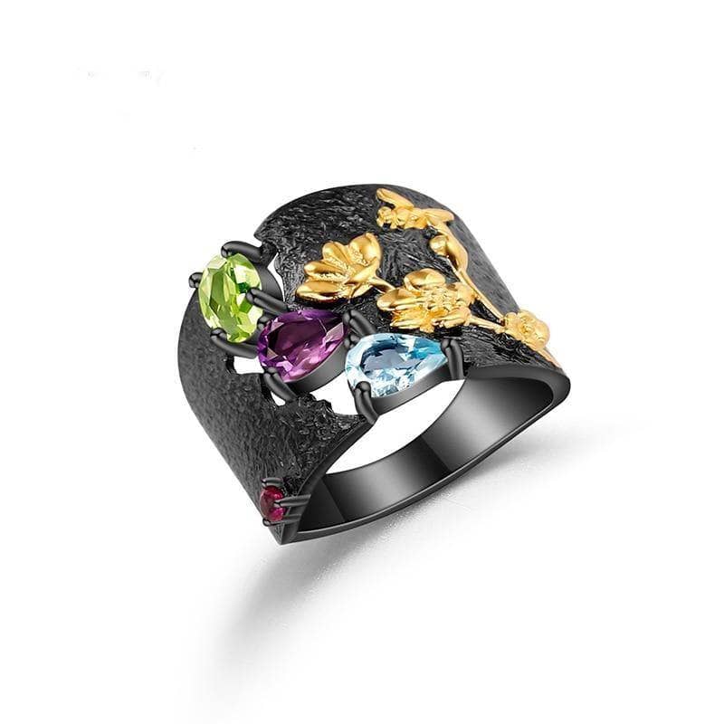 Natural Multicolor Gemstones Handmade Humming Bee Flower Ring-Black Diamonds New York