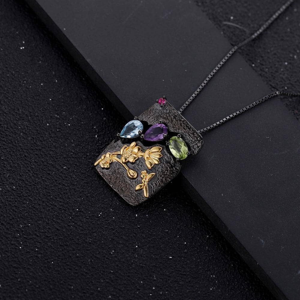 Natural Multicolor Gemstones Humming Bee Flower Pendant Necklace-Black Diamonds New York