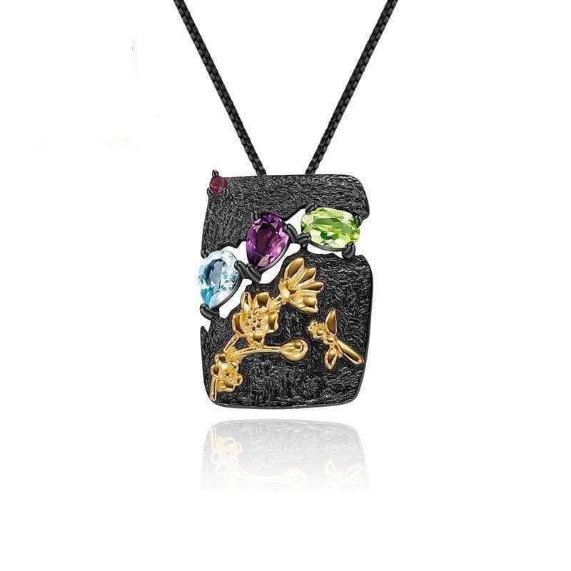 Natural Multicolor Gemstones Humming Bee Flower Pendant Necklace-Black Diamonds New York