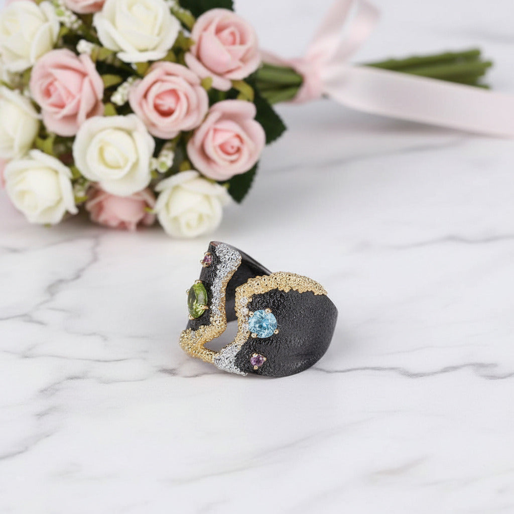 Multicolor Gemstones Ring-Black Diamonds New York