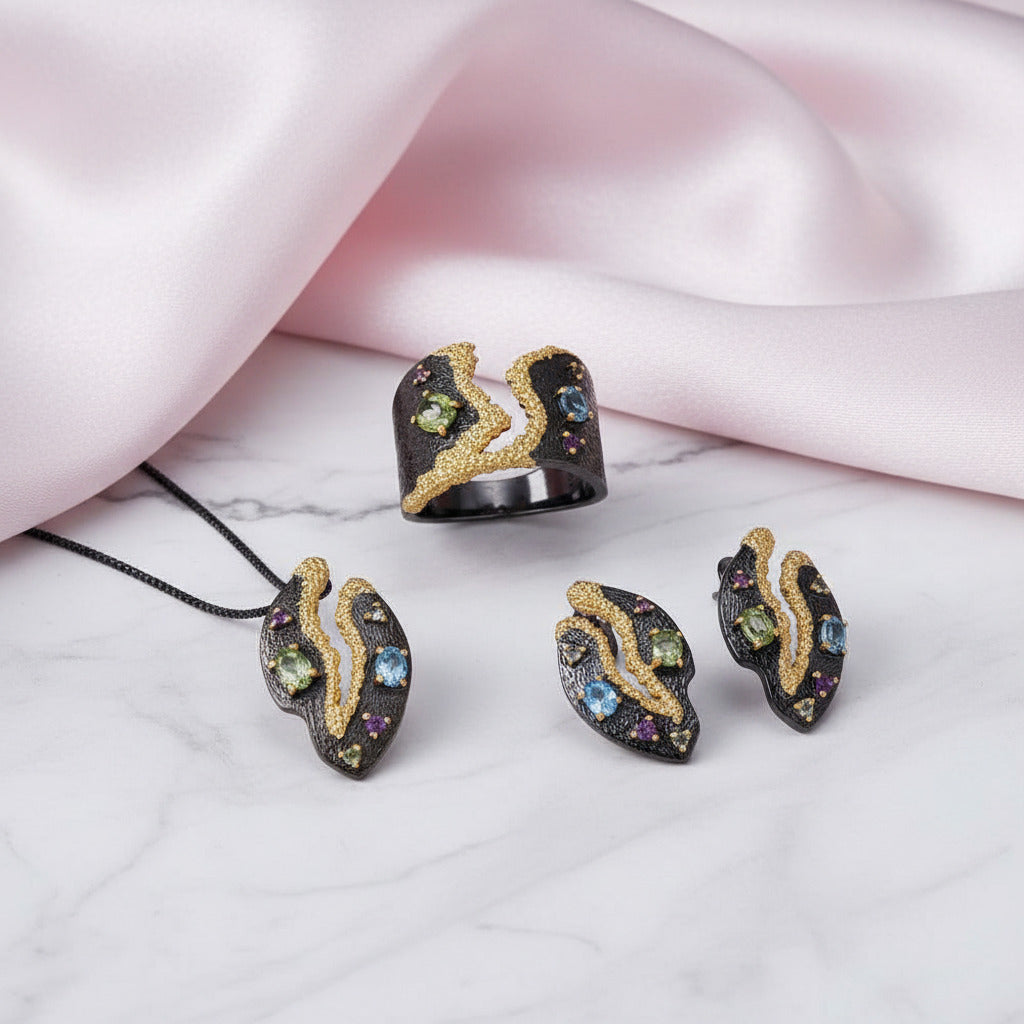 Multicolor Gemstones Ring-Black Diamonds New York