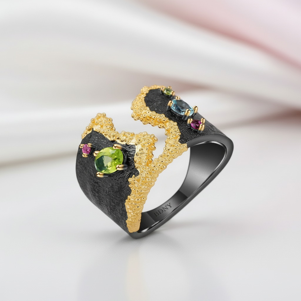Multicolor Gemstones Ring-Black Diamonds New York