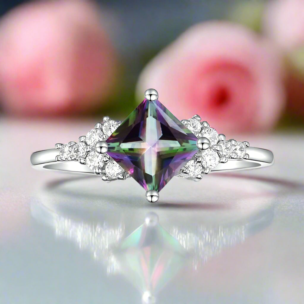 Natural Mystic Topaz Gemstone Engagement Ring-Black Diamonds New York