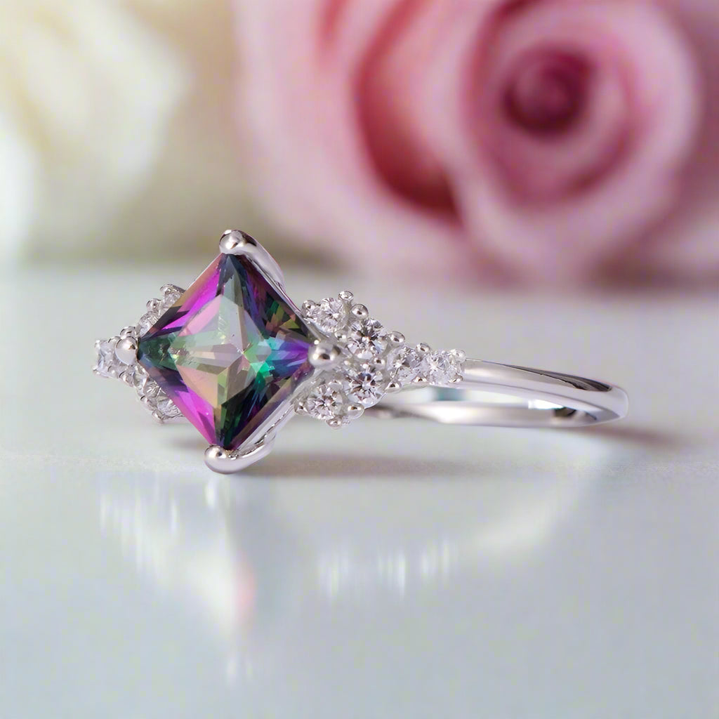 Natural Mystic Topaz Gemstone Engagement Ring-Black Diamonds New York