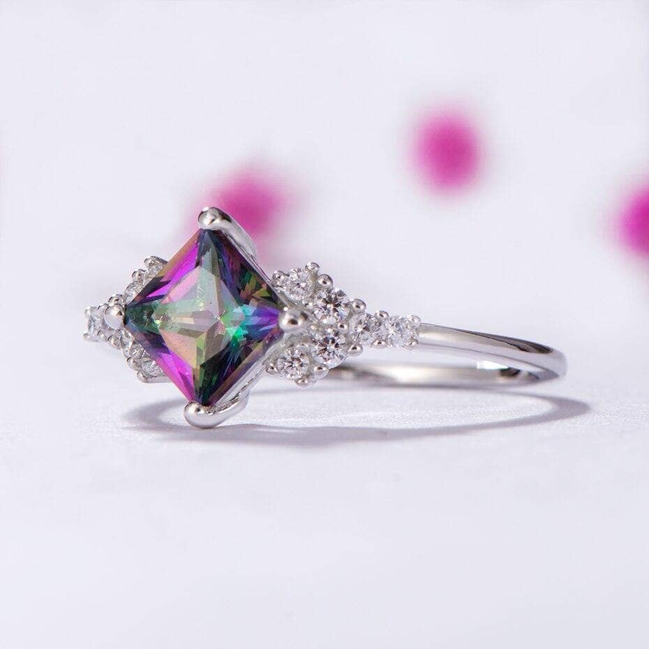 Natural Mystic Topaz Gemstone Engagement Ring-Black Diamonds New York