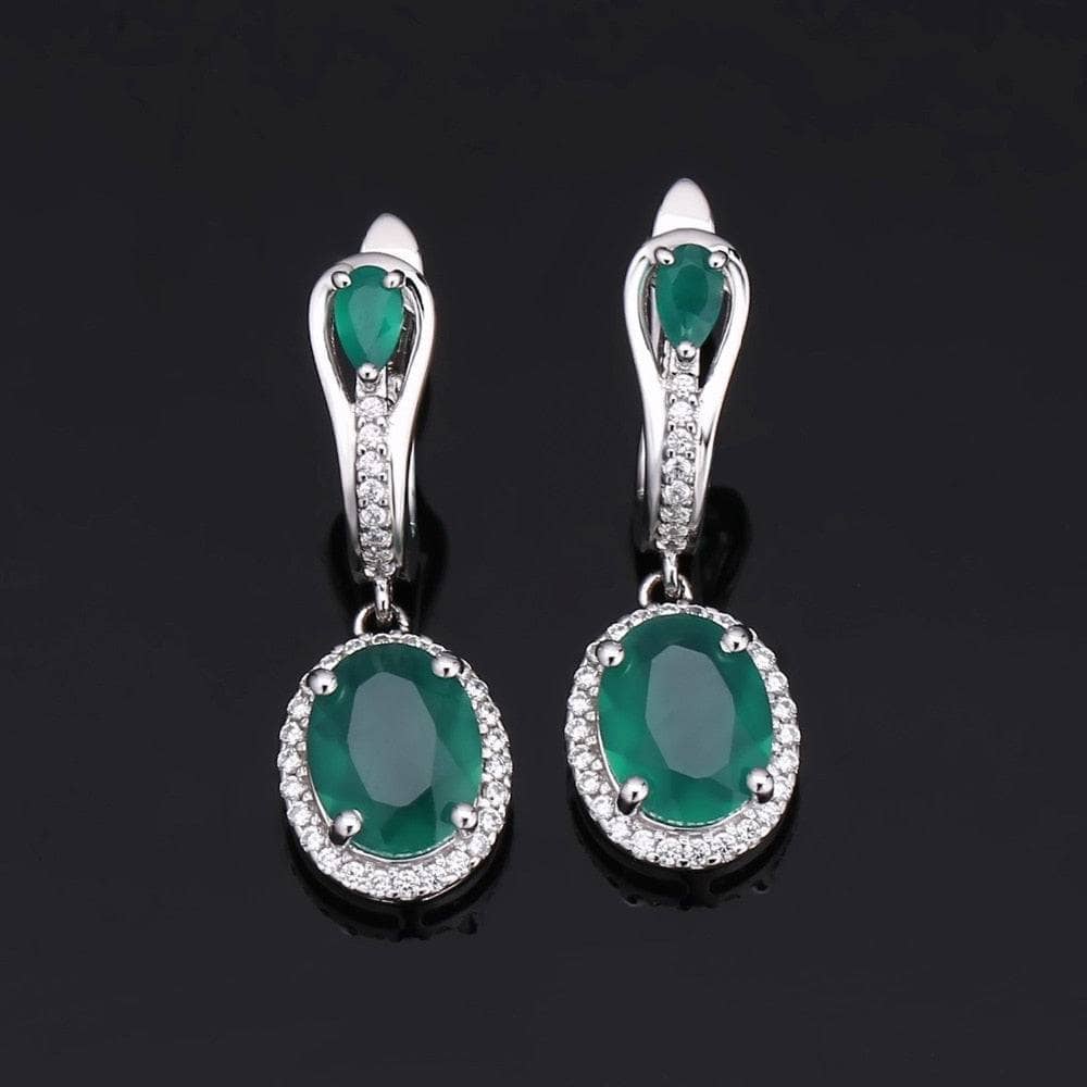 Natural Oval Green Agate Vintage Jewelry Set-Black Diamonds New York