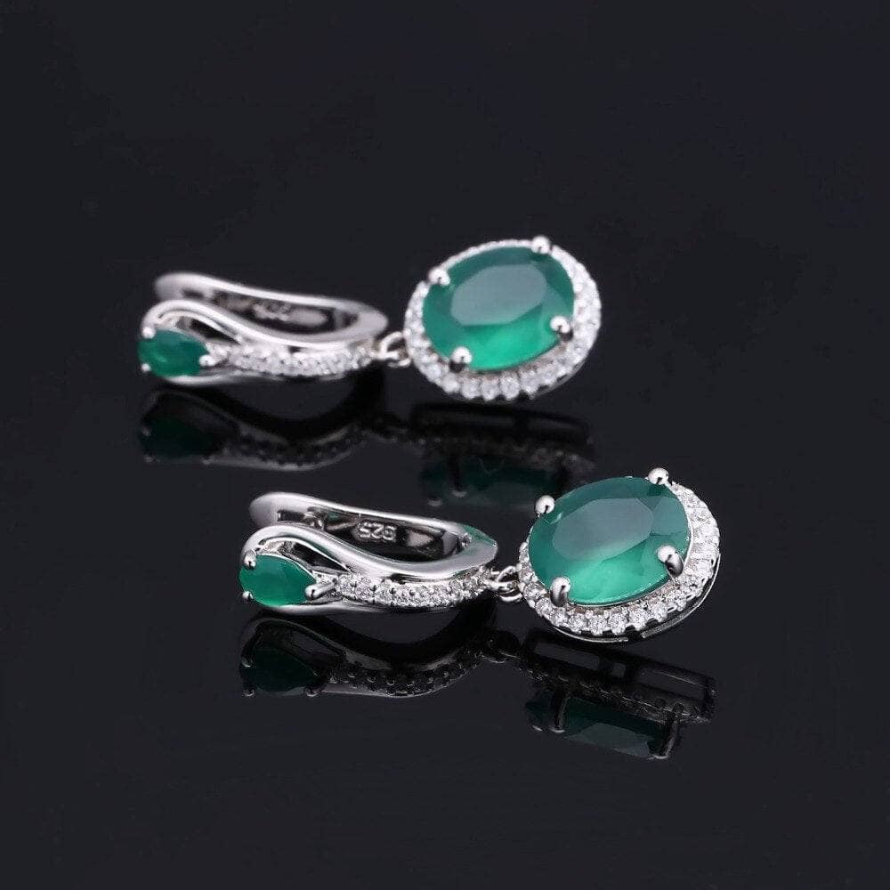Natural Oval Green Agate Vintage Jewelry Set-Black Diamonds New York