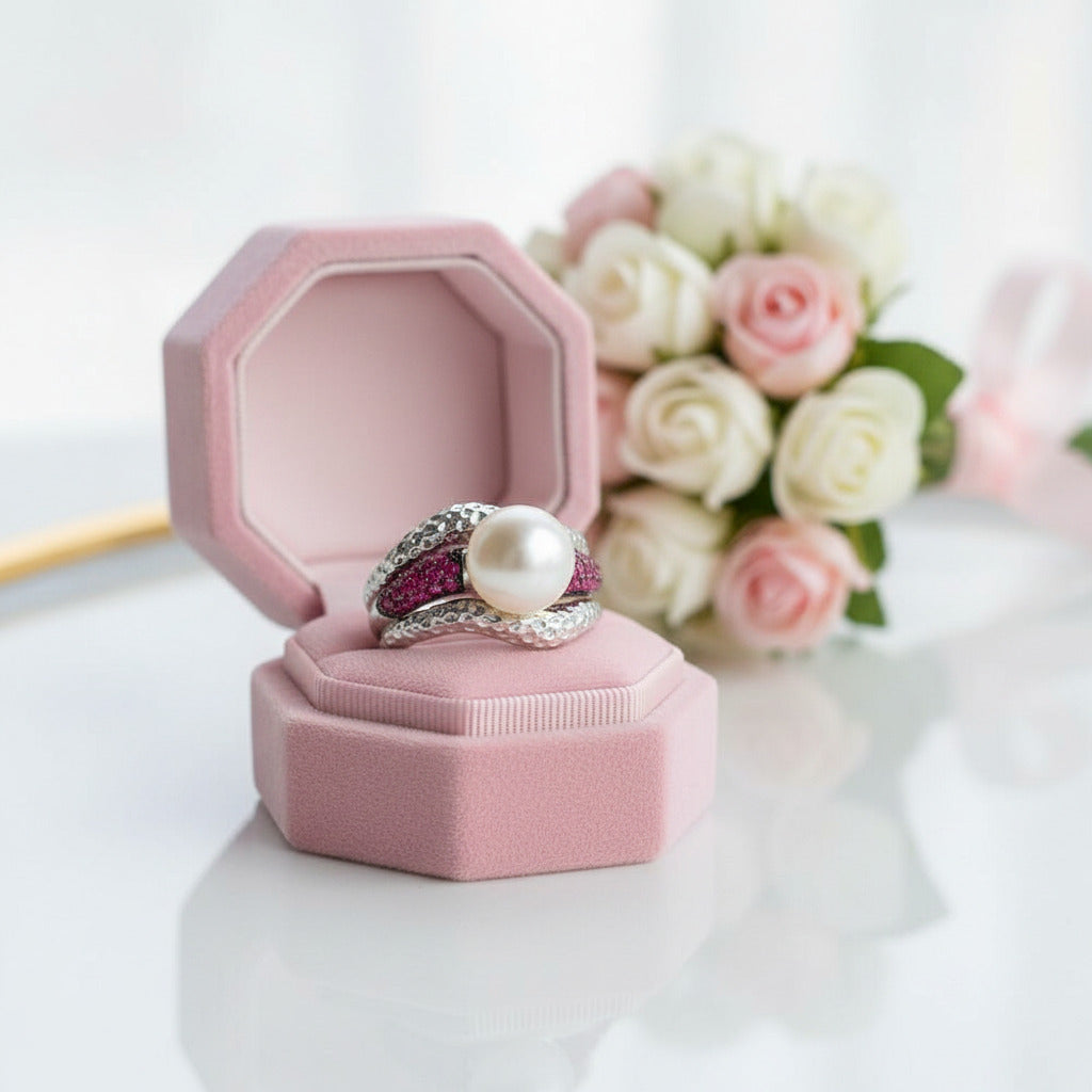 Fresh-water Pearl Ring-Black Diamonds New York