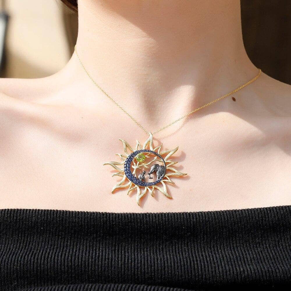 Natural Peridot Gemstone Celestial Sun Moon Pendant Necklace-Black Diamonds New York