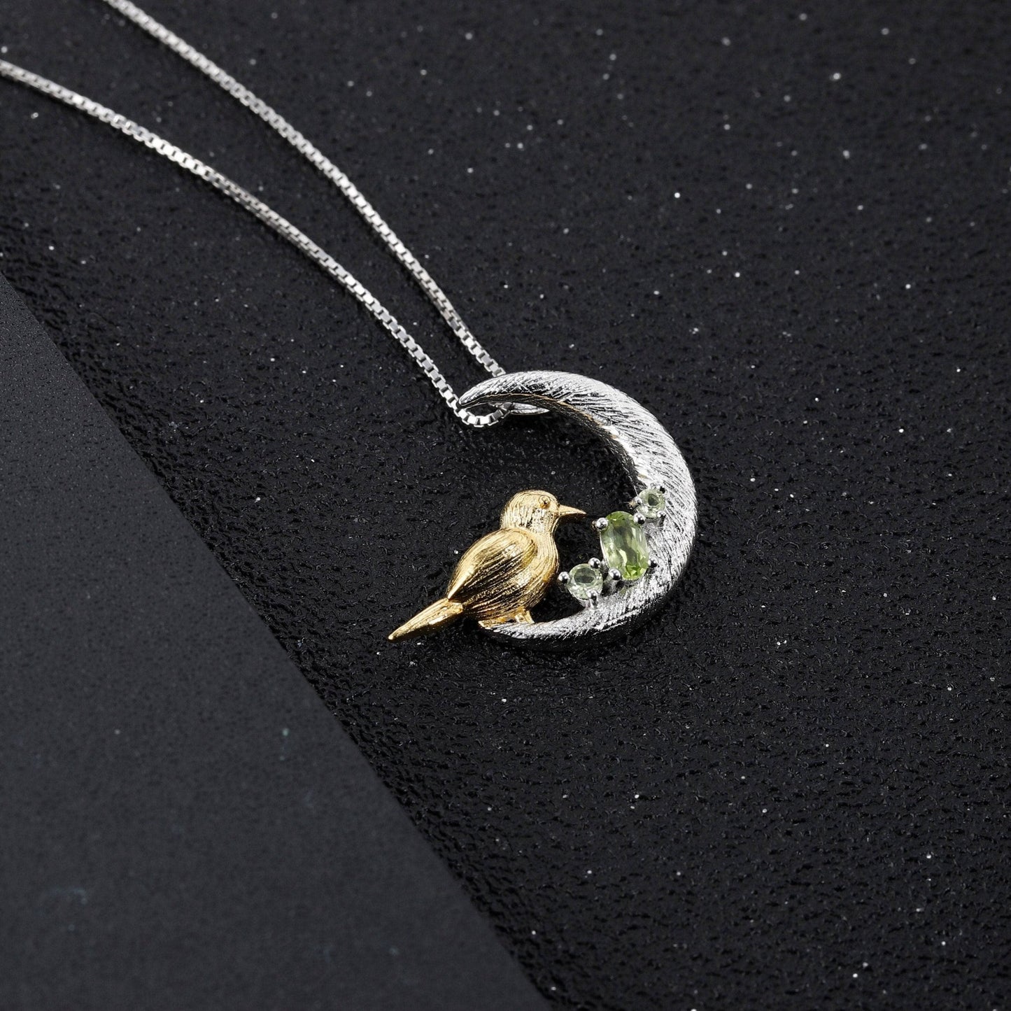 Natural Peridot Gemstone Moon Bird Original Pendant Necklace - Black Diamonds New York