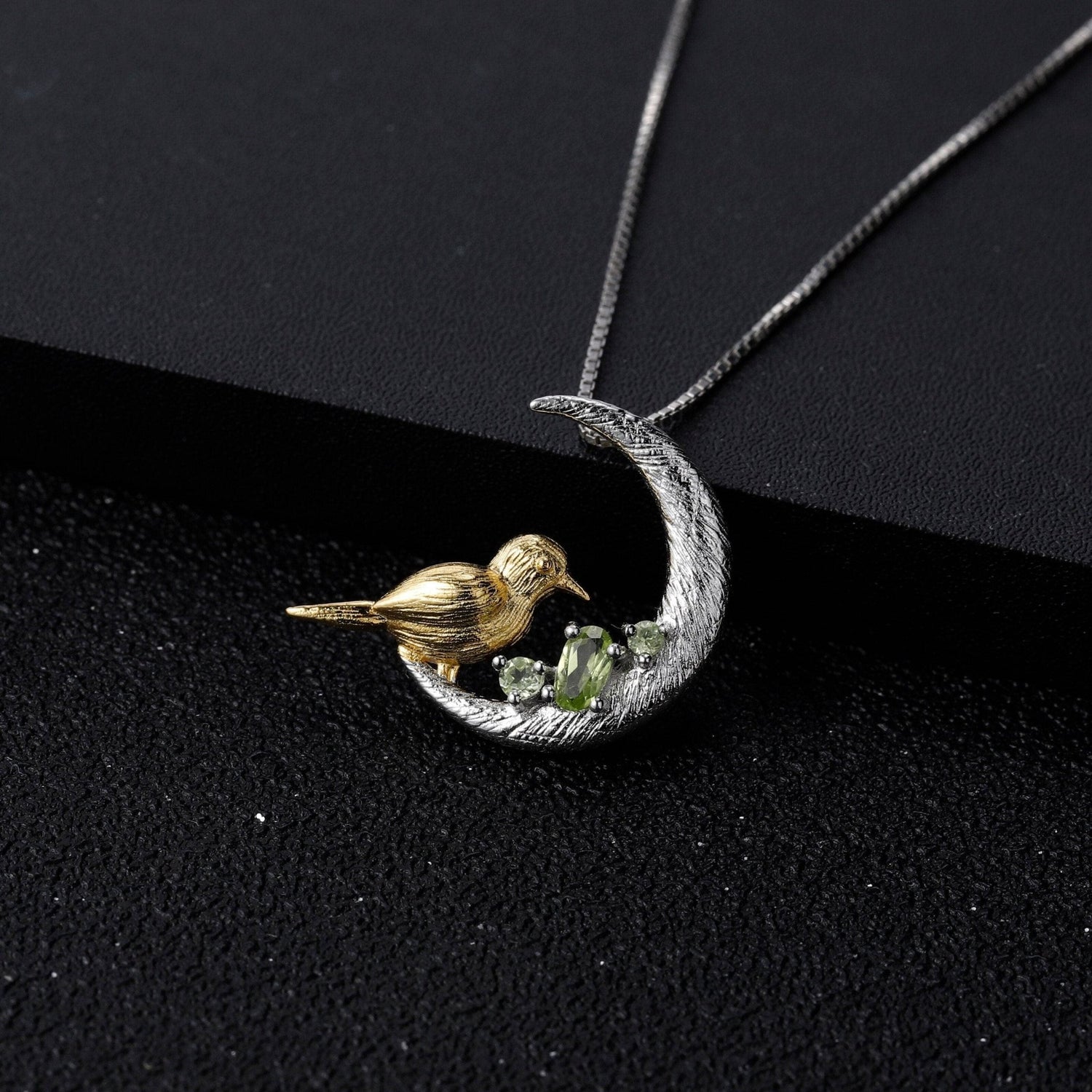 Natural Peridot Gemstone Moon Bird Original Pendant Necklace-Black Diamonds New York
