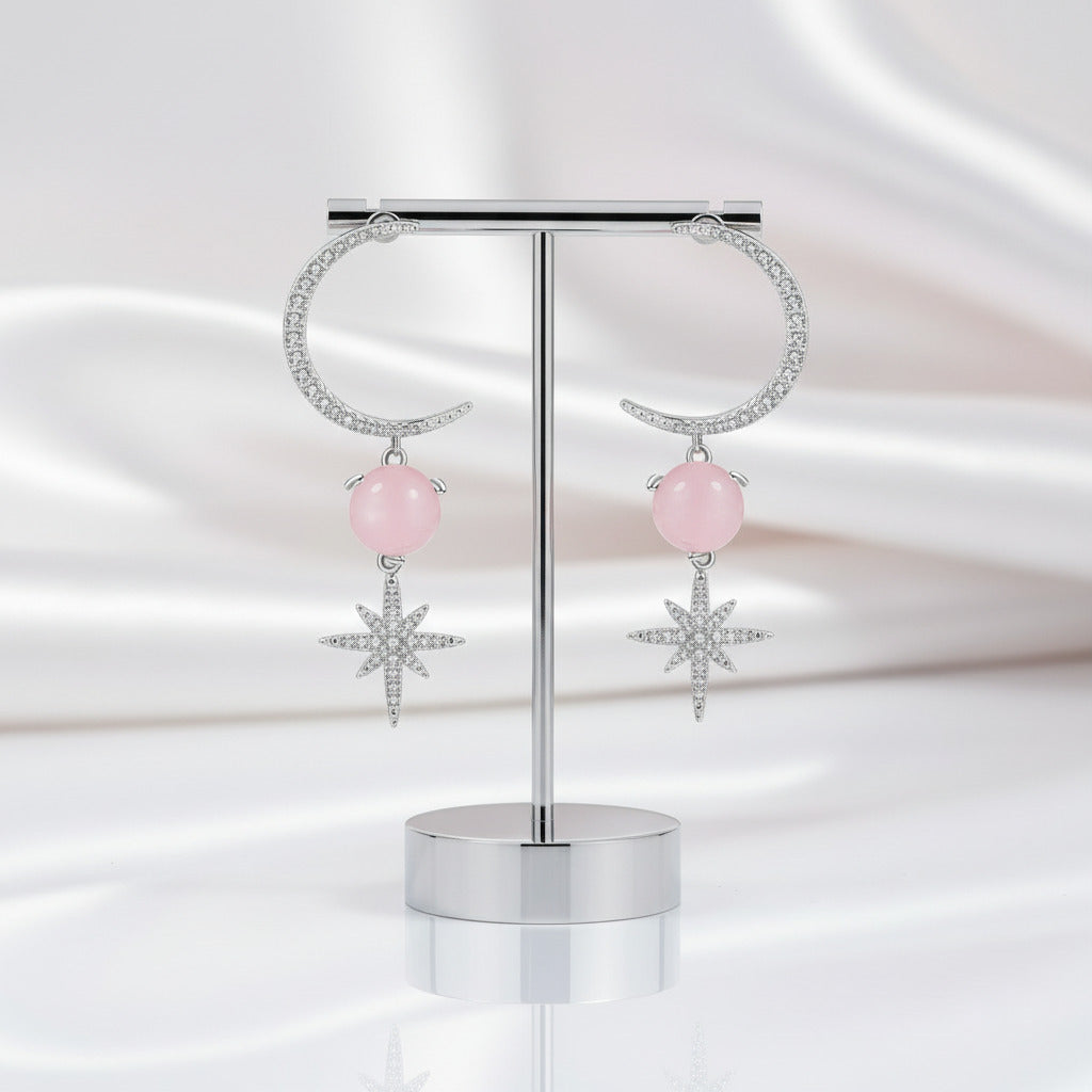 Pink Calcedony Gemstone Drop Earrings-Black Diamonds New York