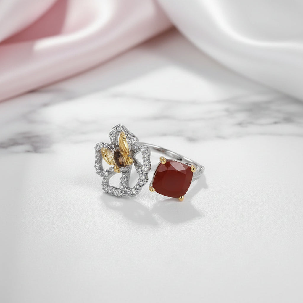 Red Agate Butterfly & Flower Ring-Black Diamonds New York