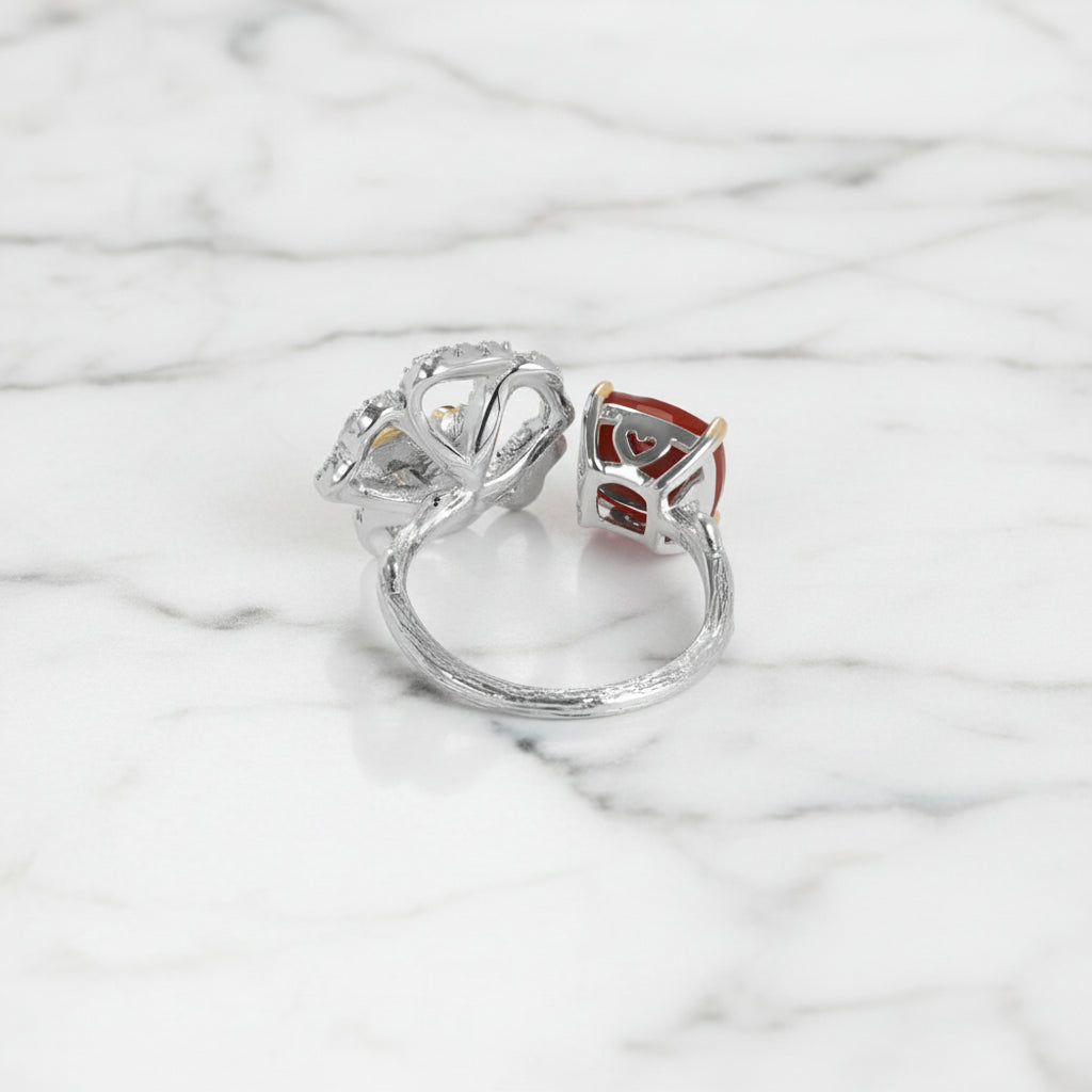 Red Agate Butterfly & Flower Ring-Black Diamonds New York