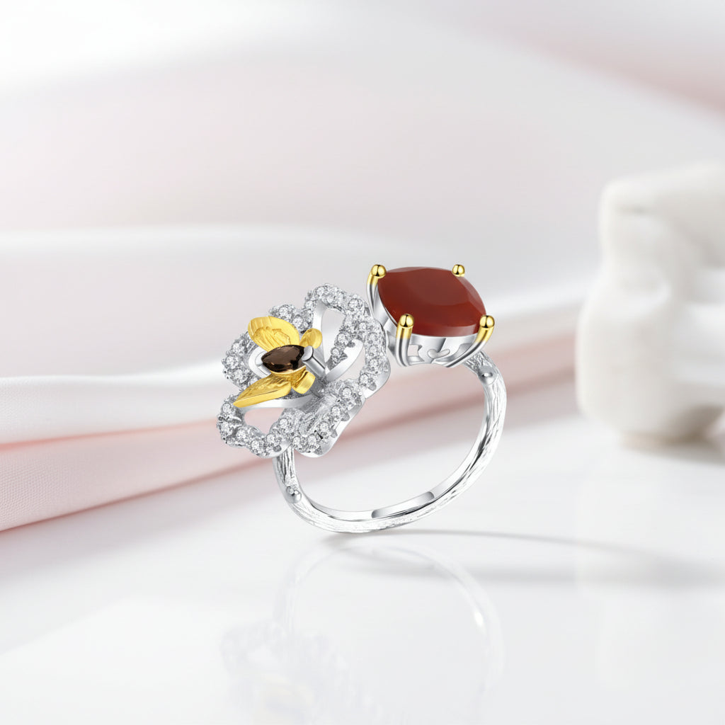 Red Agate Butterfly & Flower Ring-Black Diamonds New York