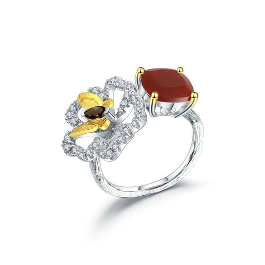 Natural Red Agate Butterfly & Flower Ring-Black Diamonds New York