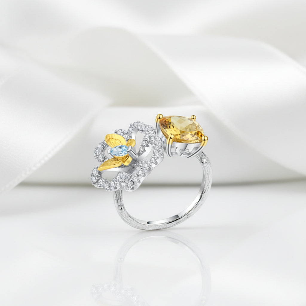 Red Agate Butterfly & Flower Ring-Black Diamonds New York