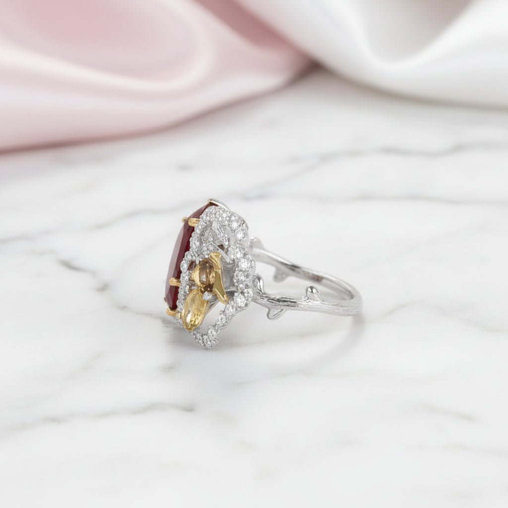 Red Agate Butterfly & Flower Ring-Black Diamonds New York