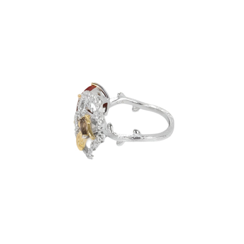 Natural Red Agate Butterfly & Flower Ring-Black Diamonds New York